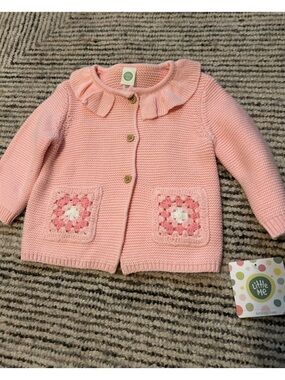 Little Me Soft Pink Knit Baby Cardigan with Crochet Pocket Accents 9 M Button